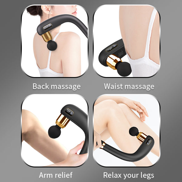 ROKEKO Pistola de masaje con mango de extensión mejorado, masajeador de espalda para aliviar el dolor de tejido profundo, 4 cabezales de masaje y 6 niveles de velocidad